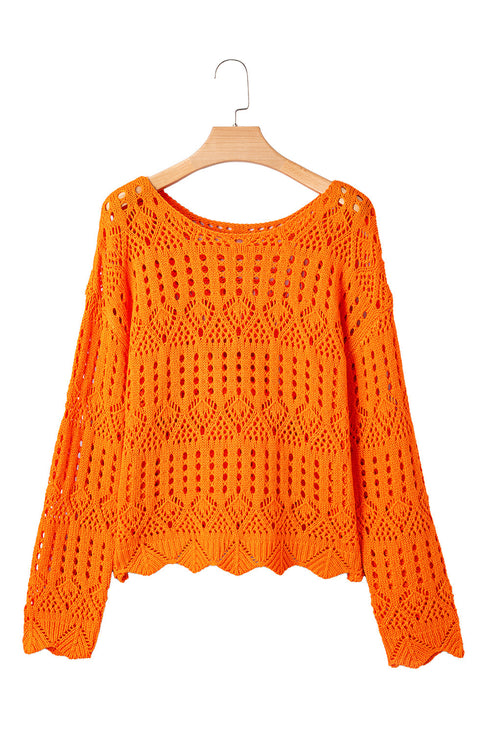 Open Knit Scalloped Hem Long Sleeve Pullover Sweater