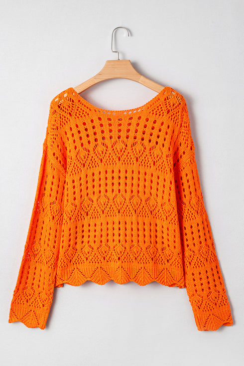 Open Knit Scalloped Hem Long Sleeve Pullover Sweater