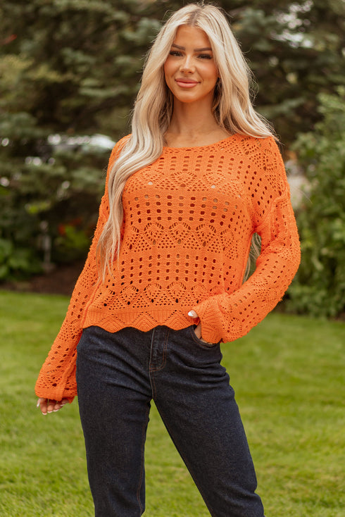Open Knit Scalloped Hem Long Sleeve Pullover Sweater