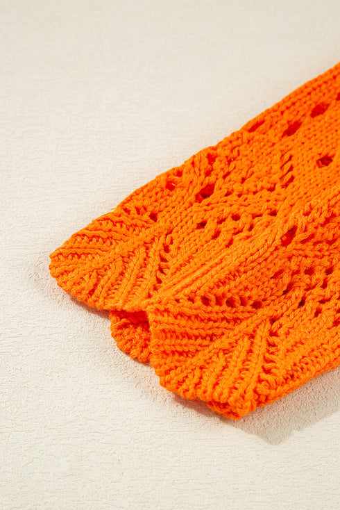 Open Knit Scalloped Hem Long Sleeve Pullover Sweater