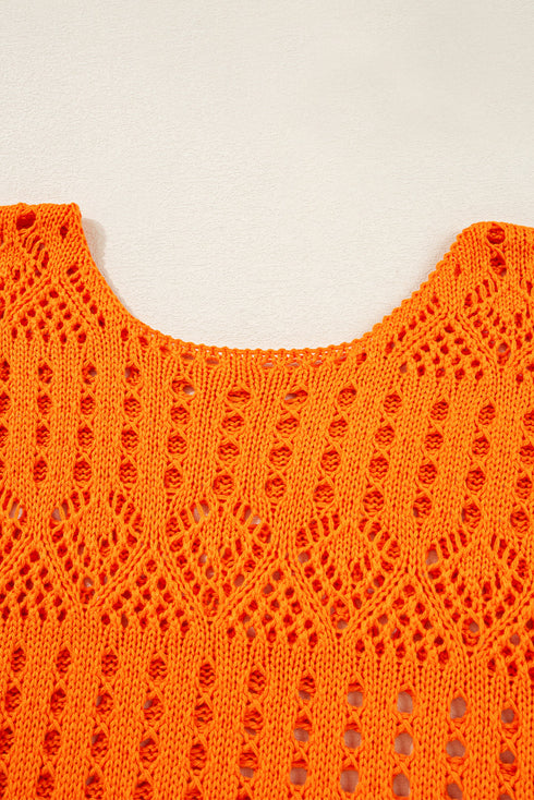 Open Knit Scalloped Hem Long Sleeve Pullover Sweater