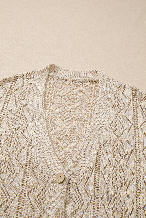 Open Stitch Geometric Pointelle V Neck Button Cardigan