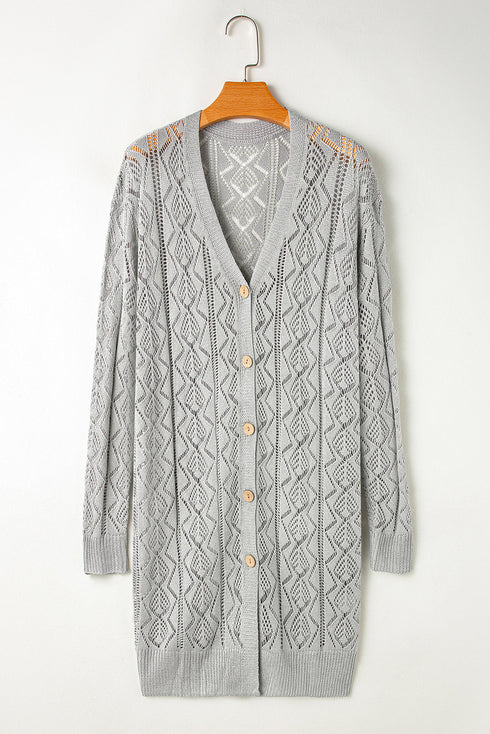 Open Stitch Geometric Pointelle V Neck Button Cardigan