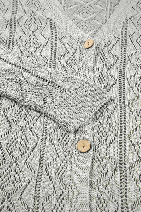 Open Stitch Geometric Pointelle V Neck Button Cardigan