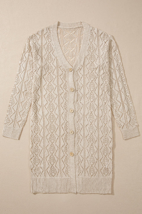 Open Stitch Geometric Pointelle V Neck Button Cardigan