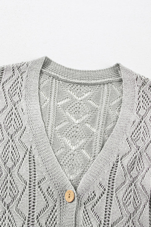 Open Stitch Geometric Pointelle V Neck Button Cardigan
