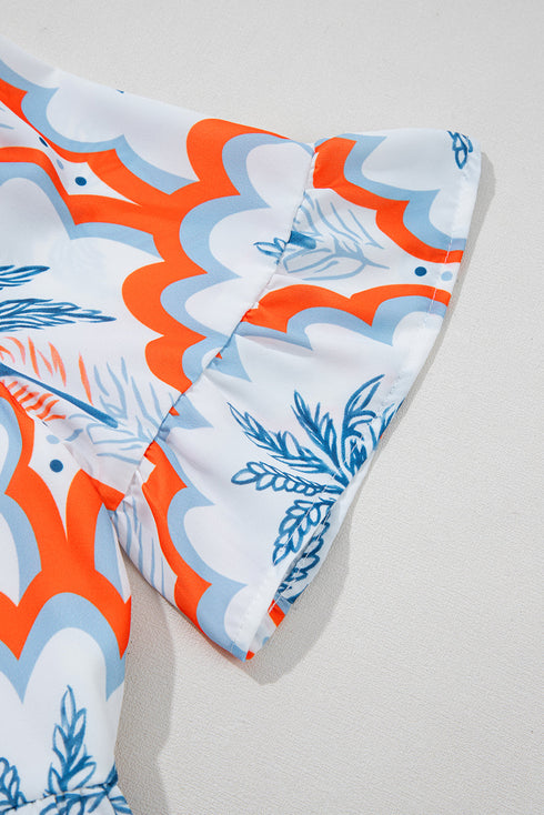 Orange Contrast Palm Tree Printed Short Sleeve Flowy Dress