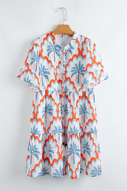 Orange Contrast Palm Tree Printed Short Sleeve Flowy Dress