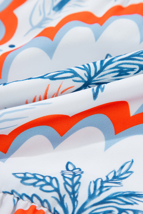 Orange Contrast Palm Tree Printed Short Sleeve Flowy Dress