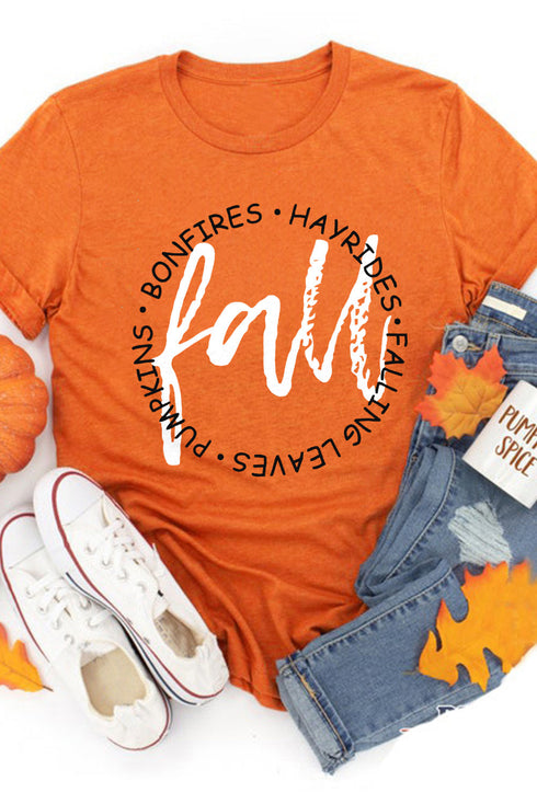 Orange Fall Letter Print Crew Neck Graphic T Shirt