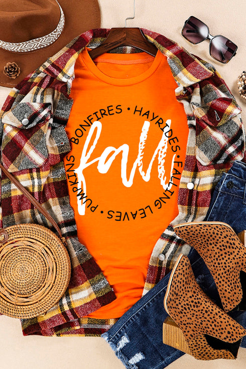 Orange Fall Letter Print Crew Neck Graphic T Shirt