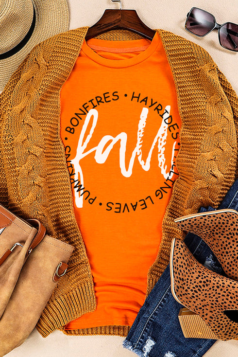 Orange Fall Letter Print Crew Neck Graphic T Shirt