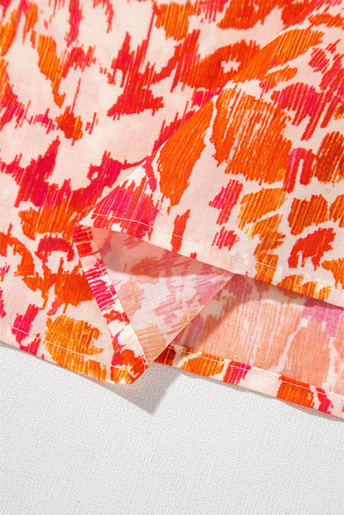 Orange Floral Print Ruffled Short Puff Sleeve Split Neck Blouse