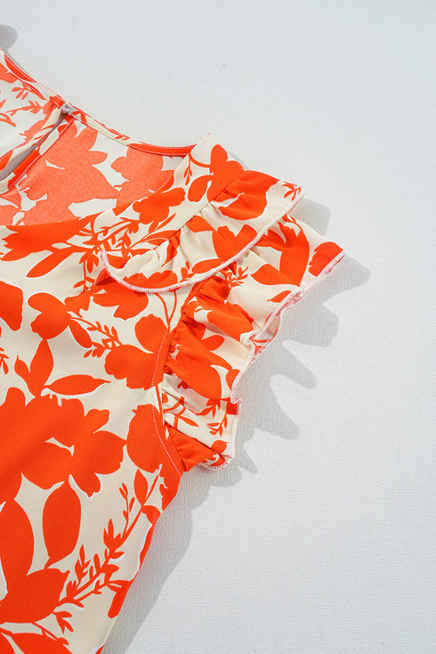 Orange Floral Ruffle Sleeve Print Top