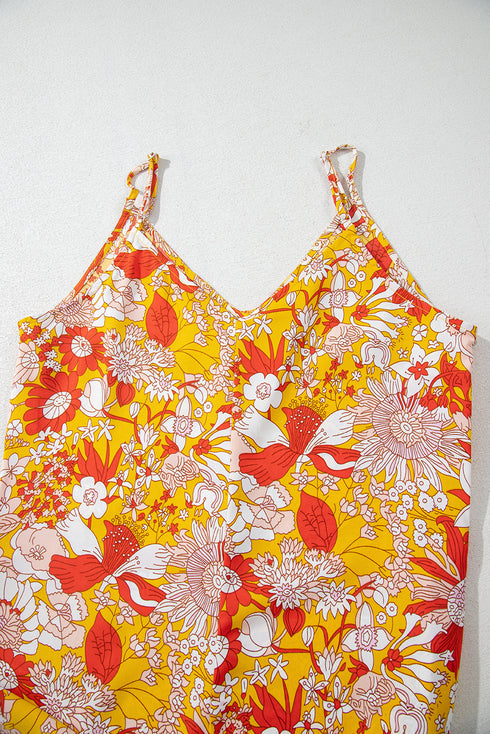 Orange Floral V Neck Wide Leg Sleeveless Jumpsuit