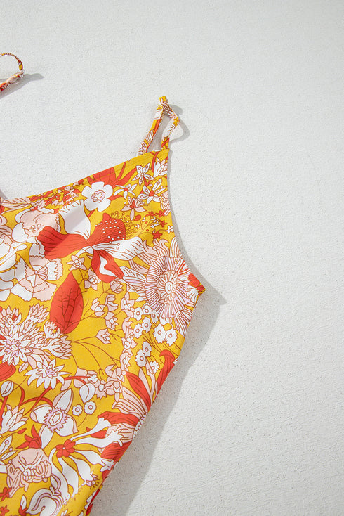 Orange Floral V Neck Wide Leg Sleeveless Jumpsuit