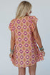 Orange Geometric Floral V Neck Buttoned Ruffled Sleeve Mini Dress