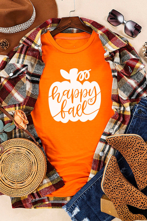 Orange Happy Fall Pumpkin Graphic Short Sleeve Top