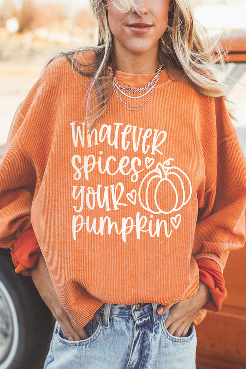 Orange Letter Print Oversized Corduroy Sweatshirt
