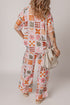 Orange Plant Checkered Print Collared Shirt and Wide Leg Pants Set
