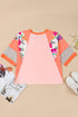 Orange Plus Size Floral Print Patchwork Raglan Half Sleeve Top
