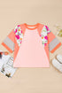 Orange Plus Size Floral Print Patchwork Raglan Half Sleeve Top