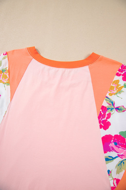 Orange Plus Size Floral Print Patchwork Raglan Half Sleeve Top