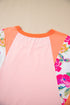 Orange Plus Size Floral Print Patchwork Raglan Half Sleeve Top