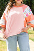 Orange Plus Size Floral Print Patchwork Raglan Half Sleeve Top