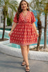 Orange Plus Size Printed Surplice Neck Empire Waist Flowy Mini Dress