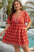Orange Plus Size Printed Surplice Neck Empire Waist Flowy Mini Dress