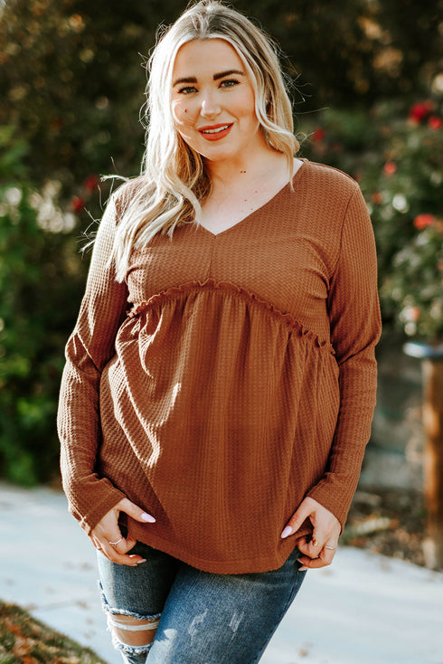 Orange Plus Size Ruffled Waffle Knit Top