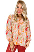Orange Printed Floral Abstract Print Frilled V Neck Plus Size Blouse