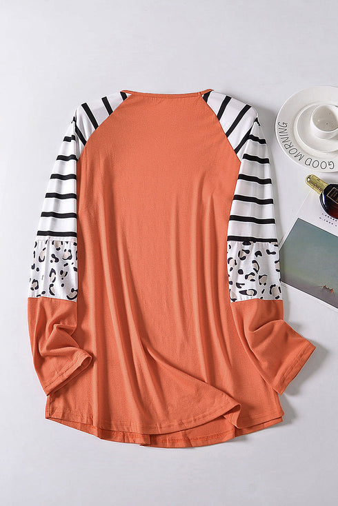 Orange Pumpkin Graphic Leopard Striped Long Sleeve Top