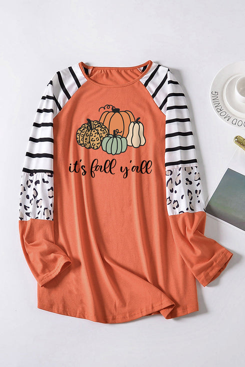 Orange Pumpkin Graphic Leopard Striped Long Sleeve Top