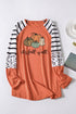 Orange Pumpkin Graphic Leopard Striped Long Sleeve Top