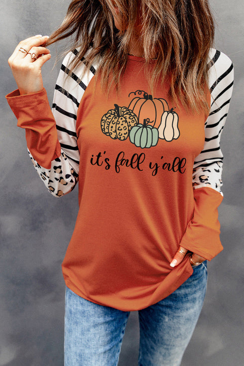 Orange Pumpkin Graphic Leopard Striped Long Sleeve Top
