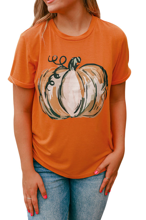 Orange Pumpkin Graphic Print Crew Neck T Shirt