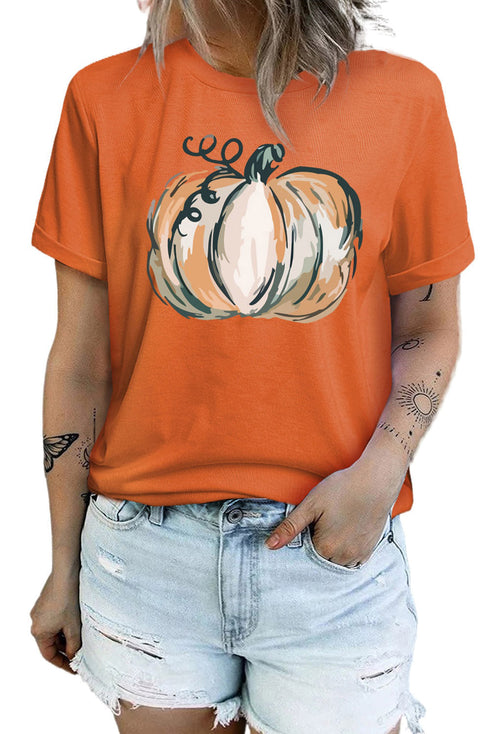 Orange Pumpkin Graphic Print Crew Neck T Shirt