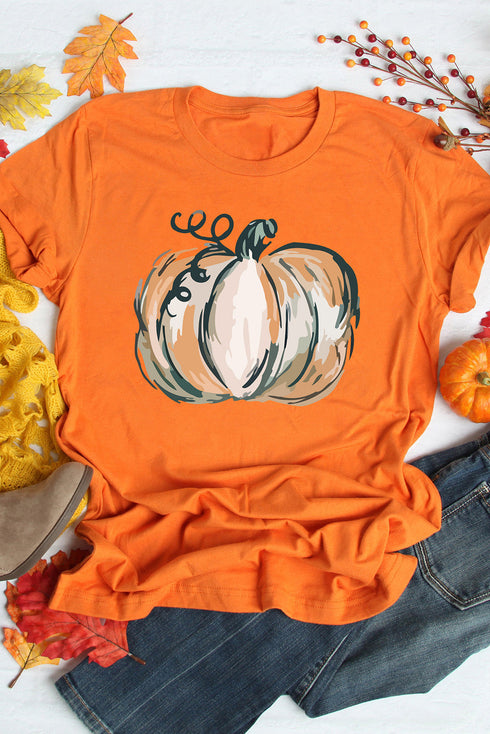 Orange Pumpkin Graphic Print Crew Neck T Shirt