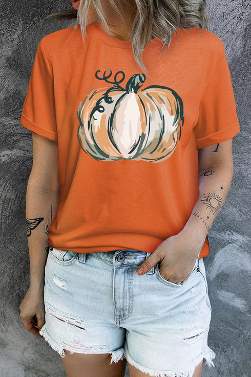 Orange Pumpkin Graphic Print Crew Neck T Shirt