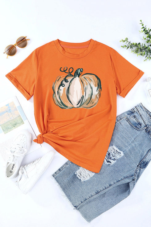Orange Pumpkin Graphic Print Crew Neck T Shirt