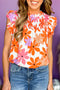 Orange Ruffled Sleeve Smocked Floral Top