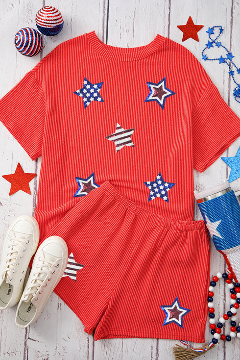 Orange Sequin USA Flag Star Graphic Corded T Shirt and Shorts Set