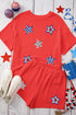 Orange Sequin USA Flag Star Graphic Corded T Shirt and Shorts Set