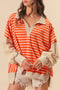 Orange Stripe Color Block Loose Fit Collared Drop Shoulder Sweatshirt