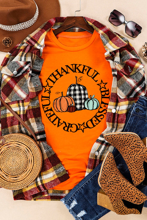 Orange Thankful Blessed Grateful Pumpkin Print Graphic T Shirt