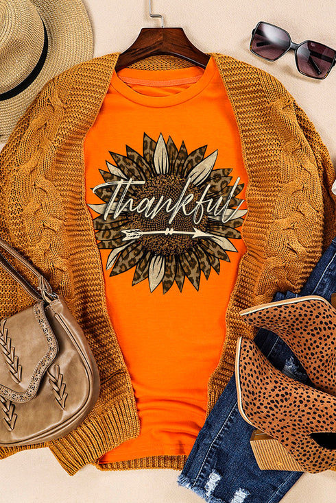 Orange Thankful Sunflower Graphic Print Short Sleeve T Shirt