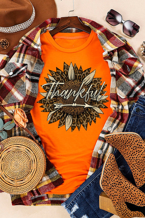 Orange Thankful Sunflower Graphic Print Short Sleeve T Shirt