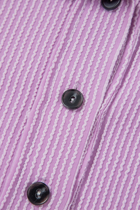 Orchid Bouquet Corded Flap Pocket Collared Buttoned Short Sleeve Blouse